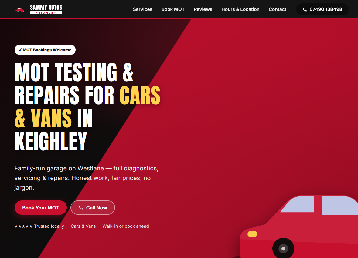 Screenshot of the Sammy Autos Keighley website homepage — a bold red and black design with MOT testing and repairs headline